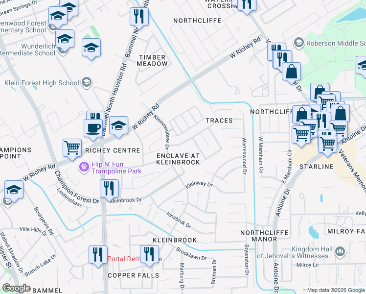 map of restaurants, bars, coffee shops, grocery stores, and more near 4823 Tracemeadow Drive in Houston