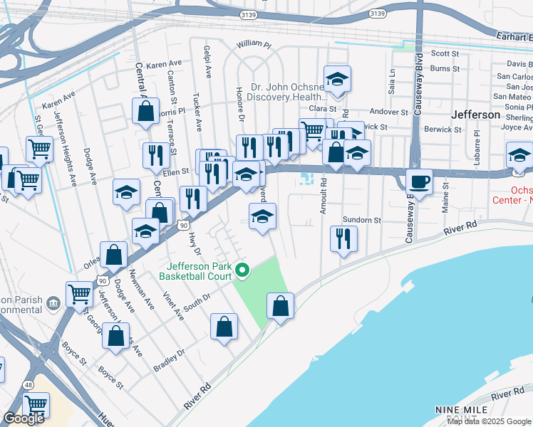 map of restaurants, bars, coffee shops, grocery stores, and more near 329 Riverdale Drive in Jefferson