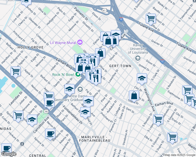 map of restaurants, bars, coffee shops, grocery stores, and more near 10 Mars Place in New Orleans