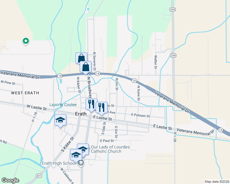 map of restaurants, bars, coffee shops, grocery stores, and more near 501-599 N Gin St in Erath