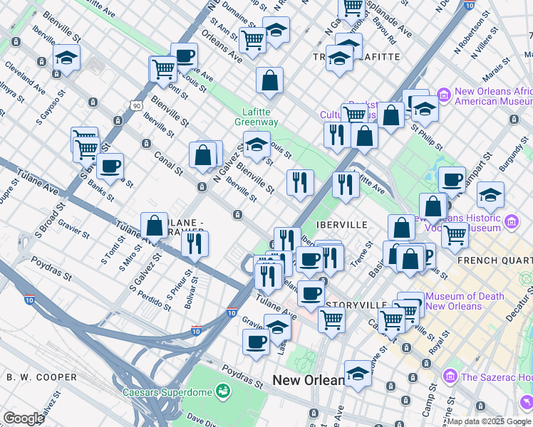 map of restaurants, bars, coffee shops, grocery stores, and more near 1801 Iberville Street in New Orleans