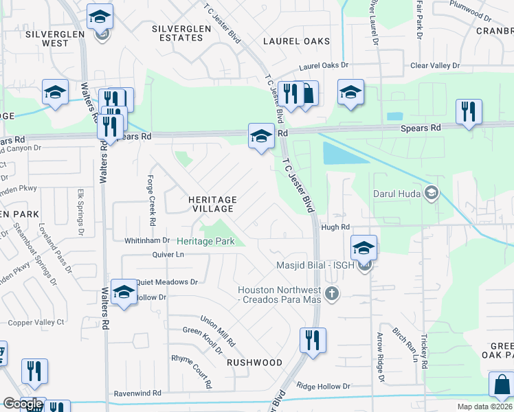 map of restaurants, bars, coffee shops, grocery stores, and more near 2435 Falls Church Drive in Houston