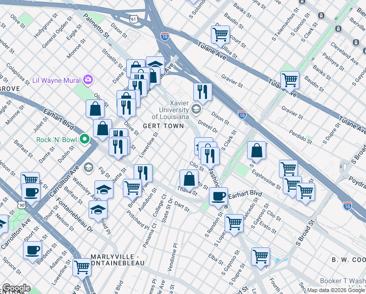 map of restaurants, bars, coffee shops, grocery stores, and more near 3515 Broadway Street in New Orleans