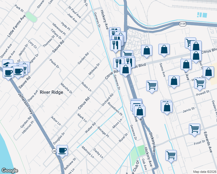 map of restaurants, bars, coffee shops, grocery stores, and more near 9421 Roslyn Drive in River Ridge
