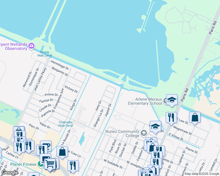 map of restaurants, bars, coffee shops, grocery stores, and more near 9101 Amour Drive in Chalmette