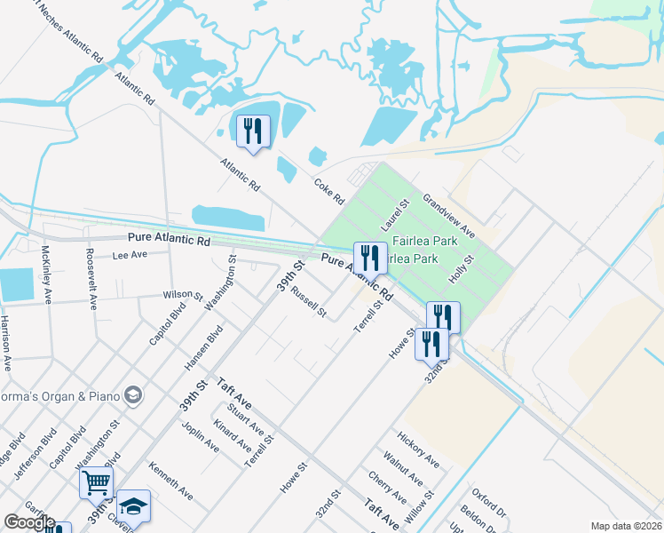 map of restaurants, bars, coffee shops, grocery stores, and more near 3900 Pure Atlantic Road in Groves