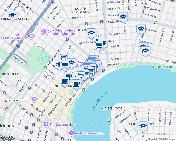 map of restaurants, bars, coffee shops, grocery stores, and more near 528 Governor Nicholls Street in New Orleans