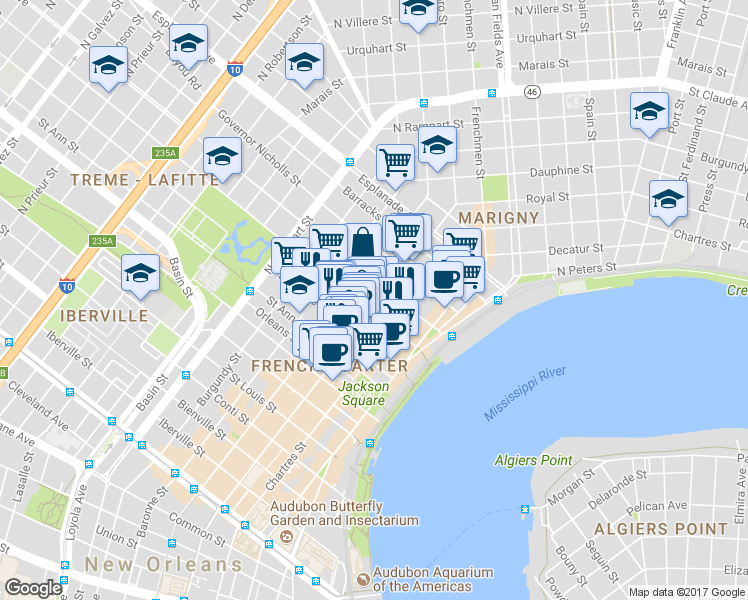 map of restaurants, bars, coffee shops, grocery stores, and more near 727 Saint Philip Street in New Orleans