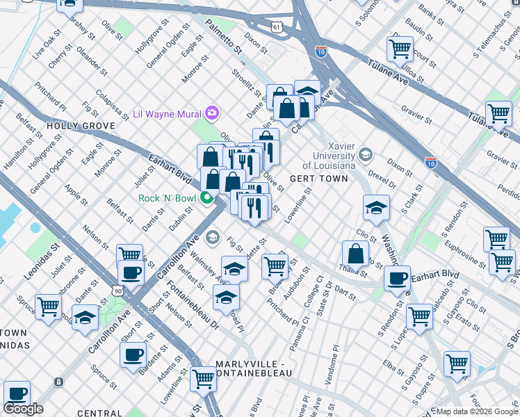 map of restaurants, bars, coffee shops, grocery stores, and more near 10 Mars Place in New Orleans