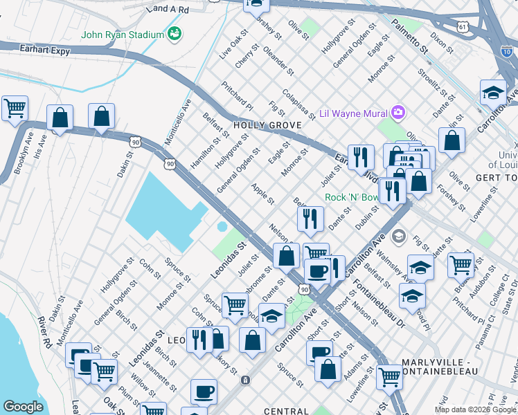 map of restaurants, bars, coffee shops, grocery stores, and more near 8637 Nelson Street in New Orleans