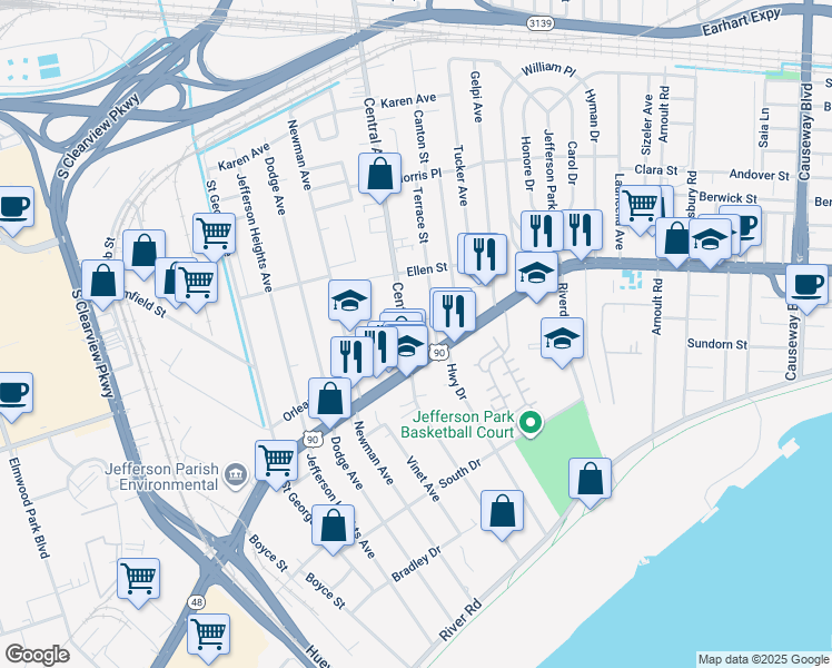map of restaurants, bars, coffee shops, grocery stores, and more near 518 Terrace Street in Jefferson