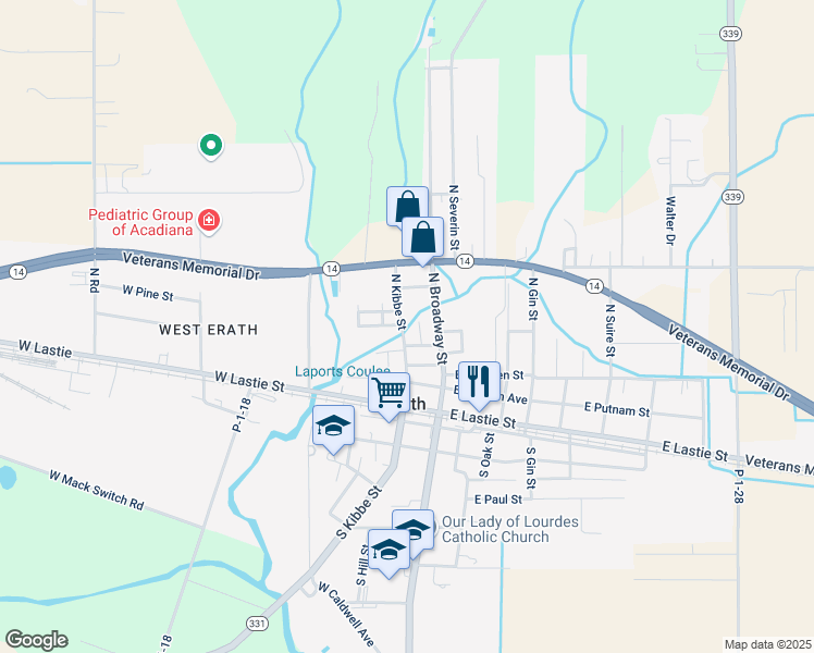 map of restaurants, bars, coffee shops, grocery stores, and more near 401-499 North Theriot Street in Erath