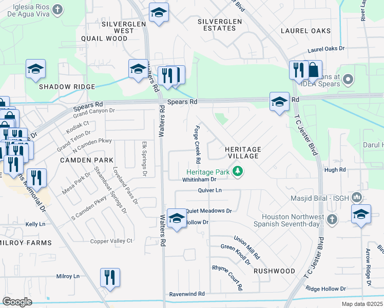 map of restaurants, bars, coffee shops, grocery stores, and more near 2723 Thompson Creek Drive in Houston