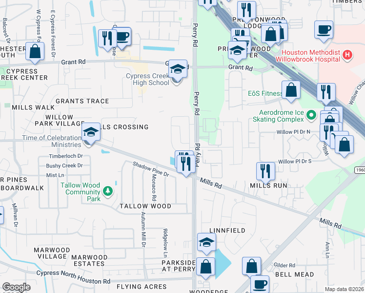 map of restaurants, bars, coffee shops, grocery stores, and more near 9819 Mills Creek Village Drive in Houston