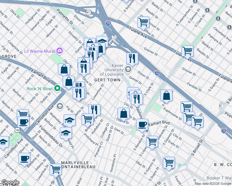 map of restaurants, bars, coffee shops, grocery stores, and more near 3515 Broadway Street in New Orleans