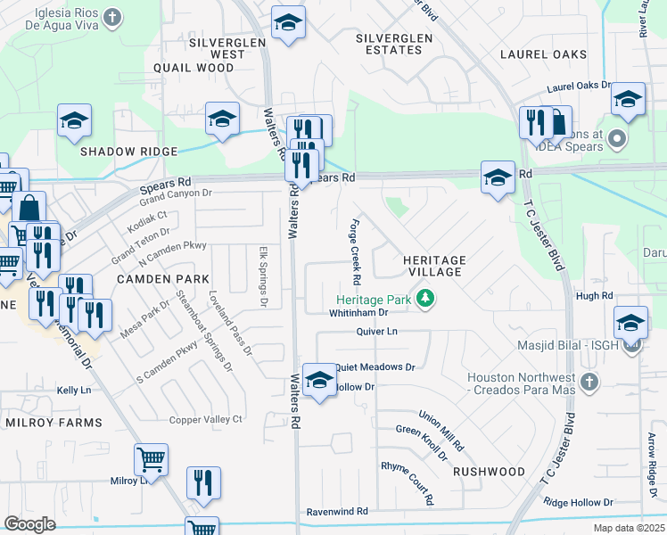 map of restaurants, bars, coffee shops, grocery stores, and more near 2723 Thompson Creek Drive in Houston