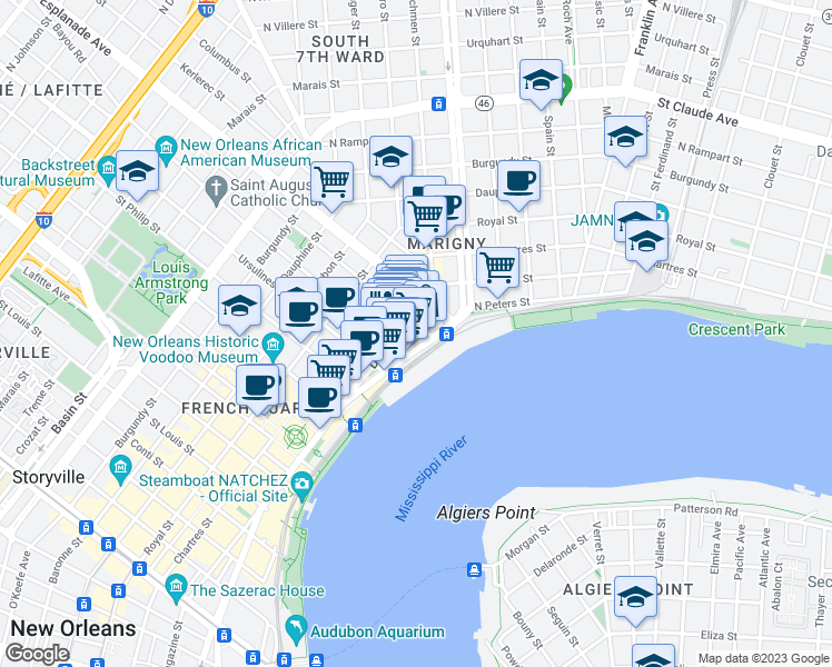 map of restaurants, bars, coffee shops, grocery stores, and more near 85 French Market Place in New Orleans