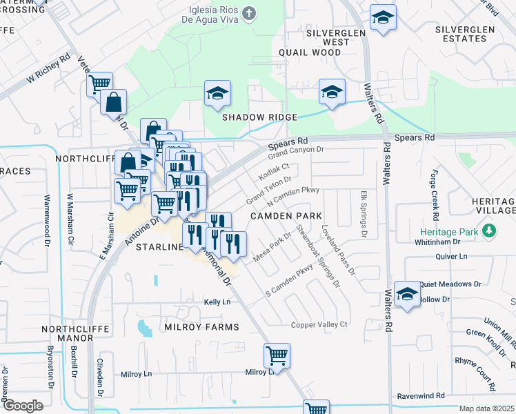 map of restaurants, bars, coffee shops, grocery stores, and more near 2526 Grand Teton Drive in Houston