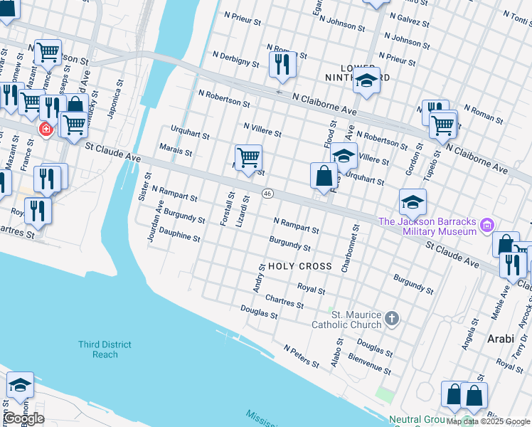 map of restaurants, bars, coffee shops, grocery stores, and more near 5317 North Rampart Street in New Orleans