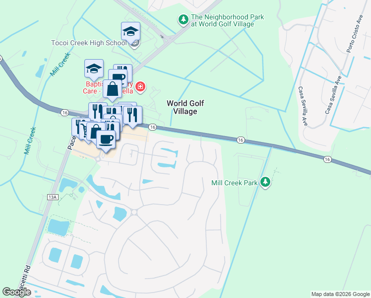 map of restaurants, bars, coffee shops, grocery stores, and more near 3621 Citara Court in St. Augustine