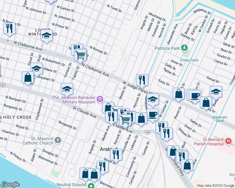 map of restaurants, bars, coffee shops, grocery stores, and more near 1409 Angela Street in Arabi