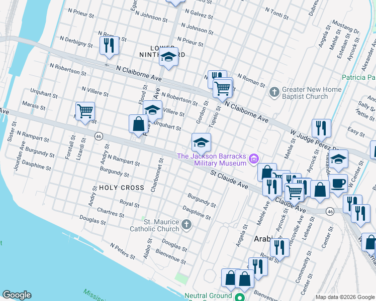 map of restaurants, bars, coffee shops, grocery stores, and more near 1127 Gordon Street in New Orleans