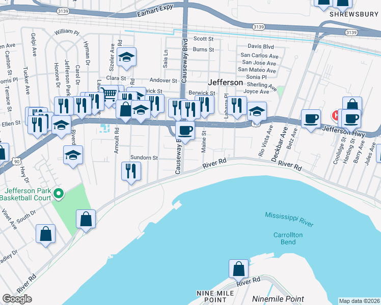 map of restaurants, bars, coffee shops, grocery stores, and more near 2900 Arlington Street in Jefferson