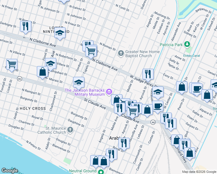 map of restaurants, bars, coffee shops, grocery stores, and more near 6438 Urville Street in New Orleans