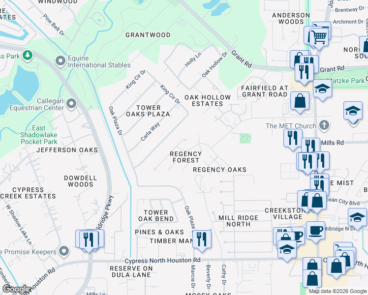 map of restaurants, bars, coffee shops, grocery stores, and more near 12926 Mill Ridge Drive in Cypress