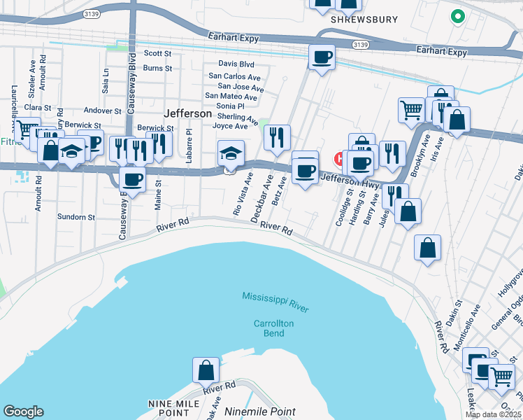 map of restaurants, bars, coffee shops, grocery stores, and more near 121 Deckbar Avenue in Jefferson