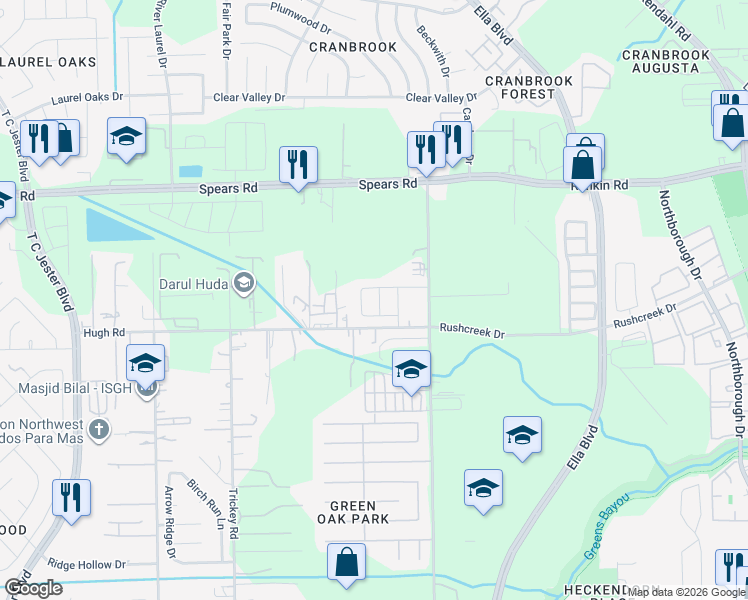 map of restaurants, bars, coffee shops, grocery stores, and more near 12019 Gregory Crossing Way in Houston