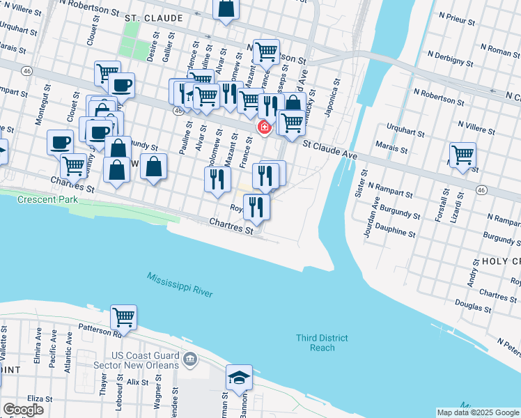map of restaurants, bars, coffee shops, grocery stores, and more near 44063 Lesseps Street in New Orleans