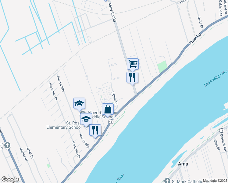 map of restaurants, bars, coffee shops, grocery stores, and more near 207 East Club Drive in Saint Rose