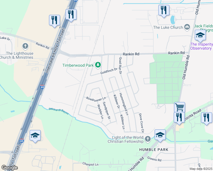 map of restaurants, bars, coffee shops, grocery stores, and more near 2803 Kingfisher Drive in Humble