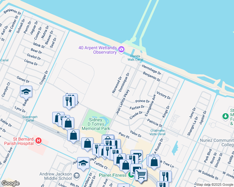 map of restaurants, bars, coffee shops, grocery stores, and more near 3813 Dominique Drive in Chalmette
