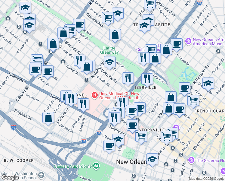 map of restaurants, bars, coffee shops, grocery stores, and more near 121 North Roman Street in New Orleans