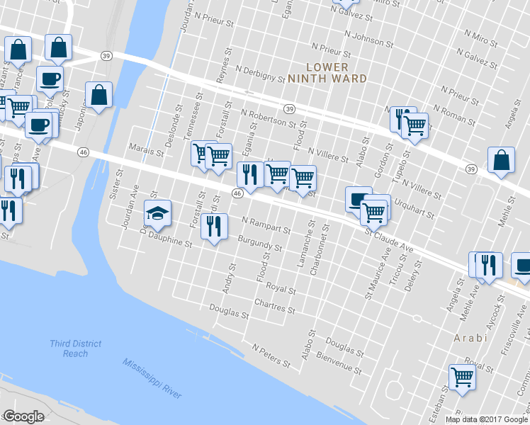 map of restaurants, bars, coffee shops, grocery stores, and more near 18 Saint Claude Court in New Orleans