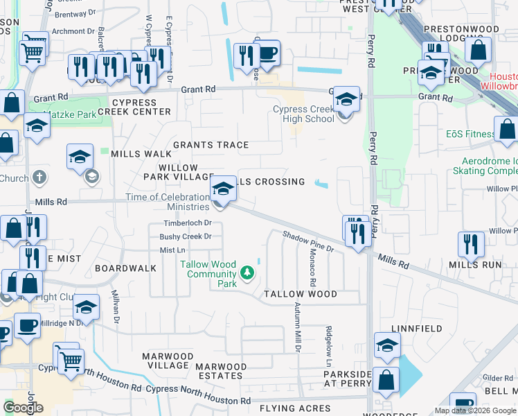 map of restaurants, bars, coffee shops, grocery stores, and more near 12806 Mills Crossing Lane in Houston