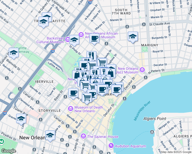 map of restaurants, bars, coffee shops, grocery stores, and more near 824 Burgundy Street in New Orleans