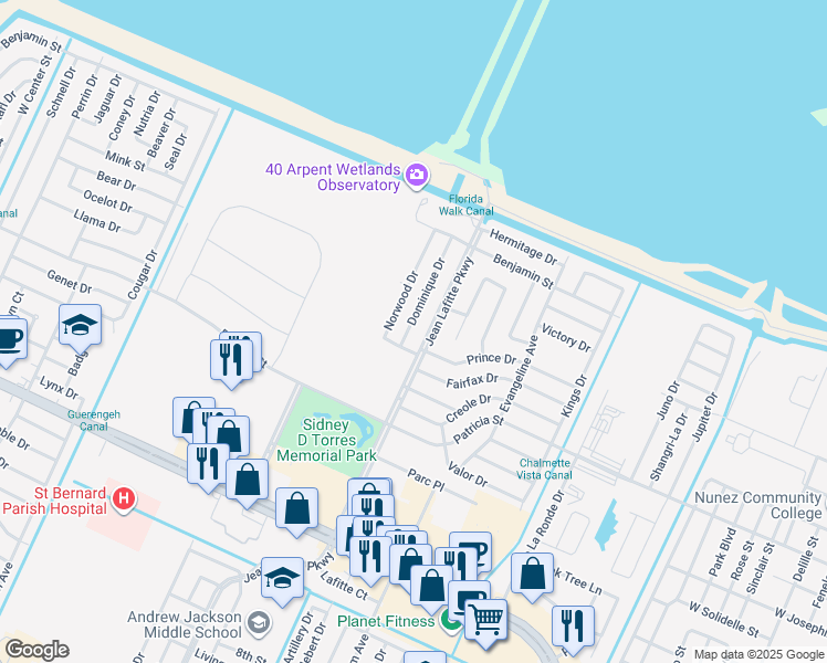 map of restaurants, bars, coffee shops, grocery stores, and more near 3813 Dominique Drive in Chalmette