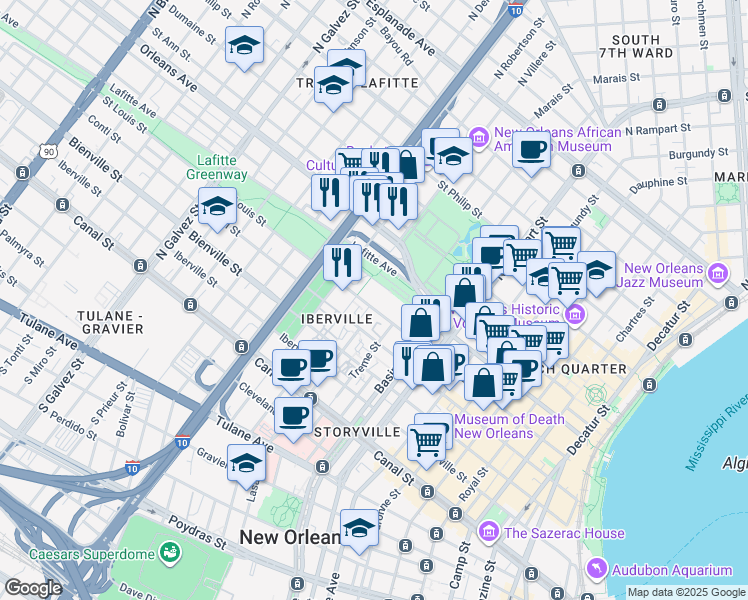map of restaurants, bars, coffee shops, grocery stores, and more near 1401-1499 Saint Louis Street in New Orleans