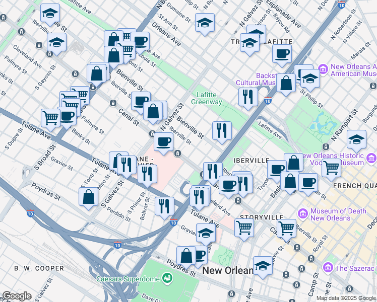 map of restaurants, bars, coffee shops, grocery stores, and more near 121 North Roman Street in New Orleans