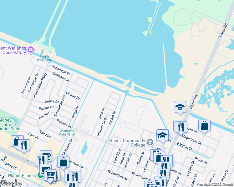 map of restaurants, bars, coffee shops, grocery stores, and more near 9101 Amour Drive in Chalmette