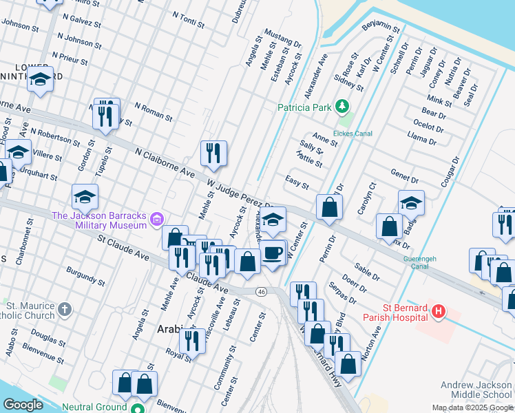 map of restaurants, bars, coffee shops, grocery stores, and more near 7012 West Judge Perez Drive in Arabi