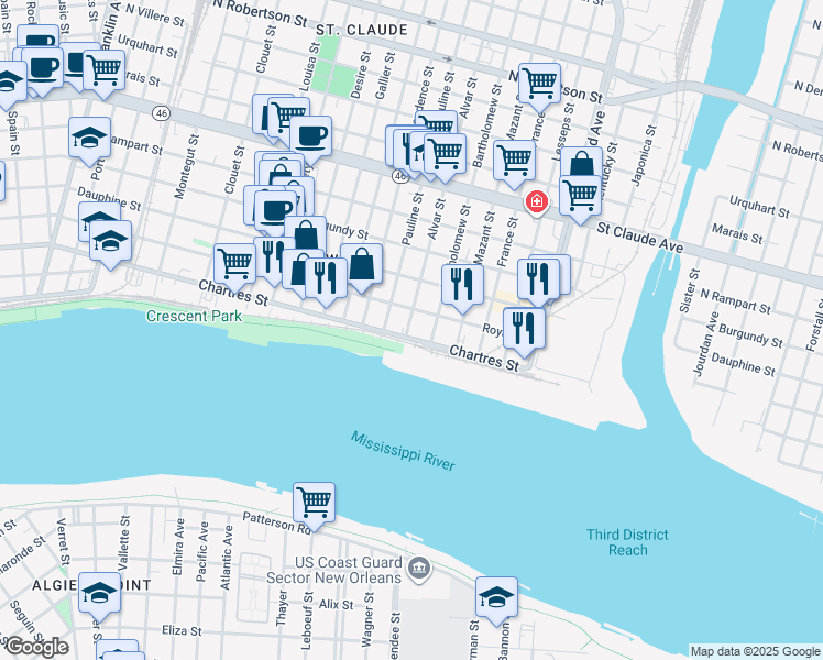 map of restaurants, bars, coffee shops, grocery stores, and more near 613 Alvar Street in New Orleans