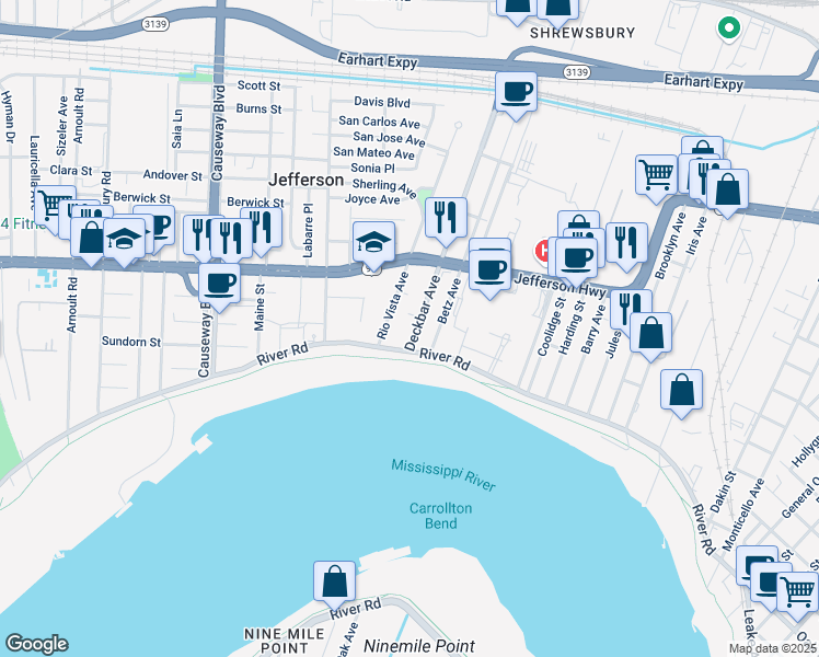 map of restaurants, bars, coffee shops, grocery stores, and more near 121 Deckbar Avenue in Jefferson
