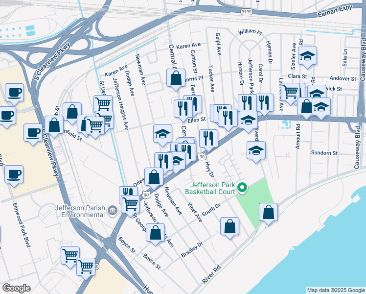 map of restaurants, bars, coffee shops, grocery stores, and more near 542 Central Avenue in Jefferson