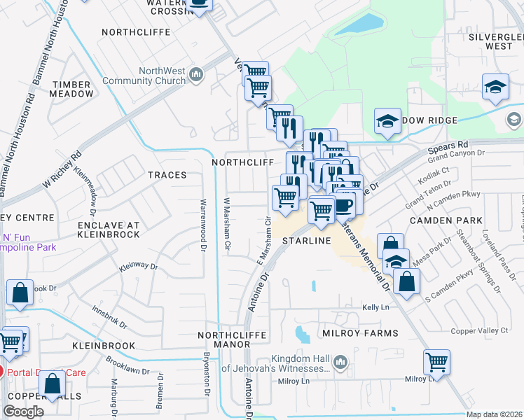 map of restaurants, bars, coffee shops, grocery stores, and more near 3607 Oakhall Drive in Houston