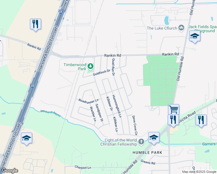 map of restaurants, bars, coffee shops, grocery stores, and more near 2810 Hummingbird Ln in Humble