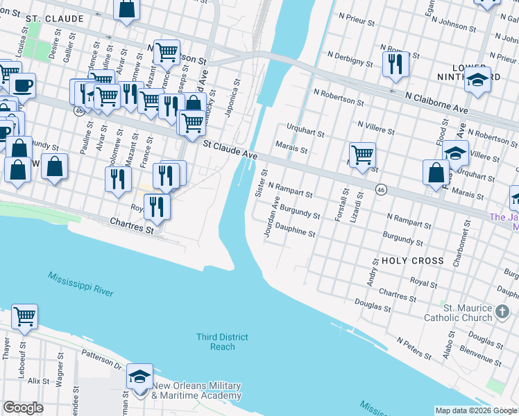 map of restaurants, bars, coffee shops, grocery stores, and more near 44326 Dauphine Street in New Orleans